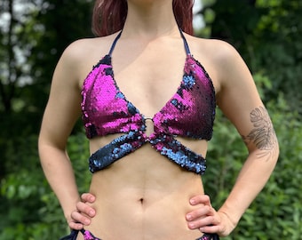 Sequin Rave Top: Reversible Two-Tone Strappy Festival Shirt