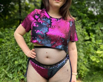 Reversible Sequin Crop Top: Two-Tone Festival Rave Shirt