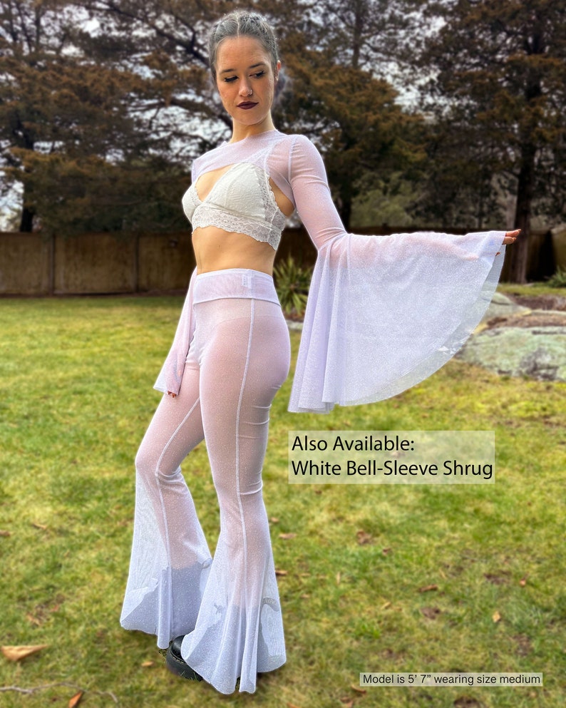 White Mesh Bell Bottom Pants Metallic Disco Bottoms image 7