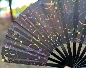 Festival Hand Fan: UV Reactive Space Cat Rave Accessory