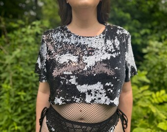 Reversible Sequin Rave Crop Top: Two-Tone Festival Shirt