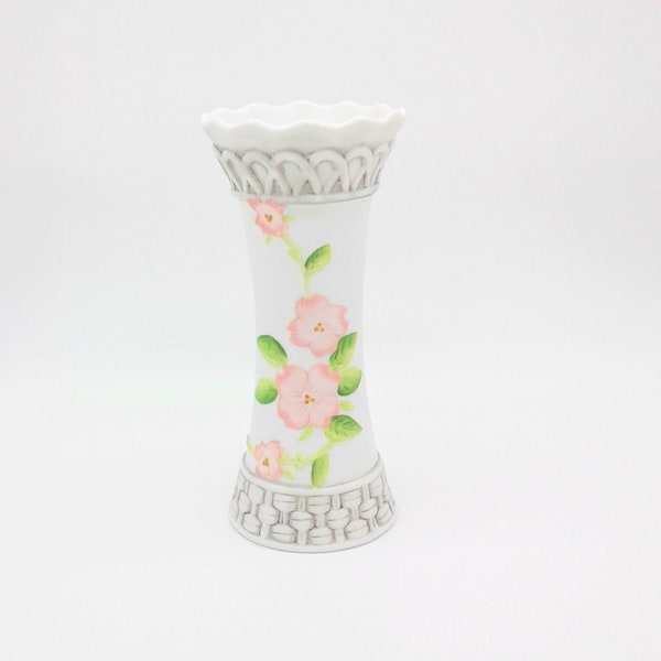 Vintage Lefton Bud Vase, Bisque Ceramic, Pink Dogwoods, 1985 Japan, Shabby Chic, Make Up Paint Brush Holder