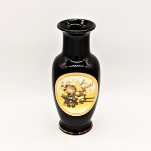 Vintage Japanische Chokin Vase, Schwarz und 24K Goldrand, Blumenwagen Design 8"