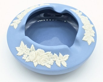 Vintage ECANADA ART POTTERY Blue and White Jasperware Floral Ashtray Trinket Dish With Rounded Edges, Circa 1926-1952, Made in Canada