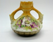 Vintage Hand Painted Austria Double Handled Jug Bud Vase Gold With White and Purple Flowers Marked Austria