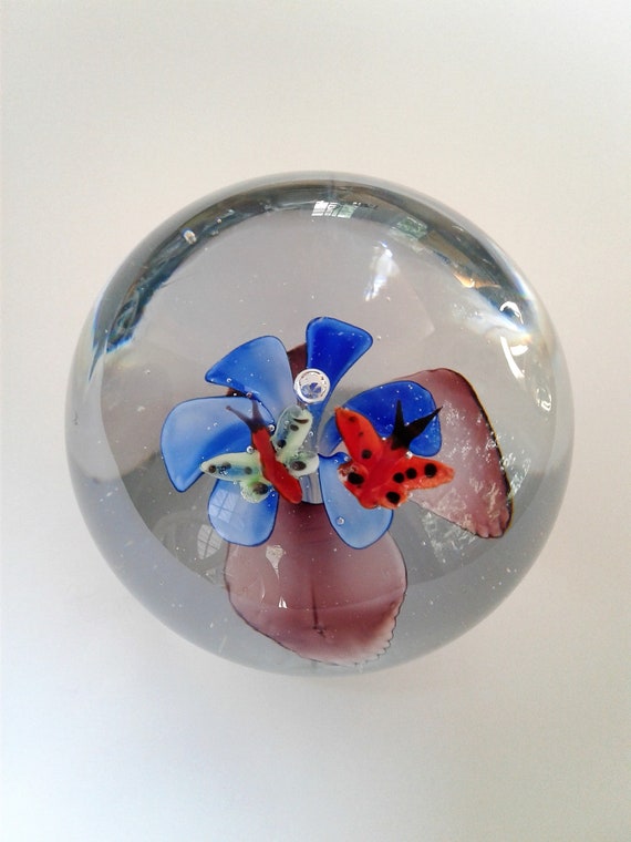 Vintage Large Handblown Butterfly and Bubbles Glass Paperweight