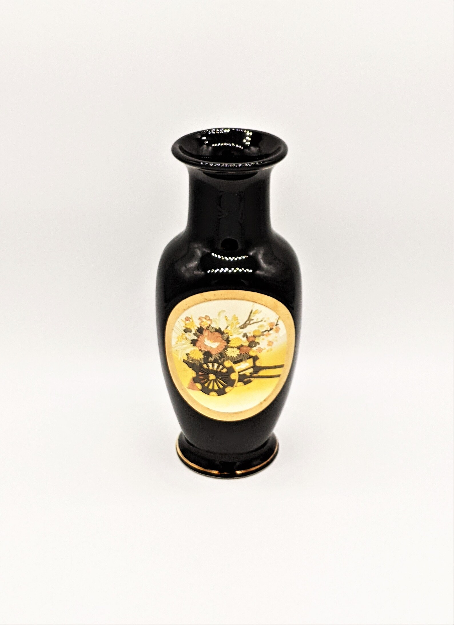 Vintage Japanese Chokin Vase Black and 24K Gold Edged Flower Etsy