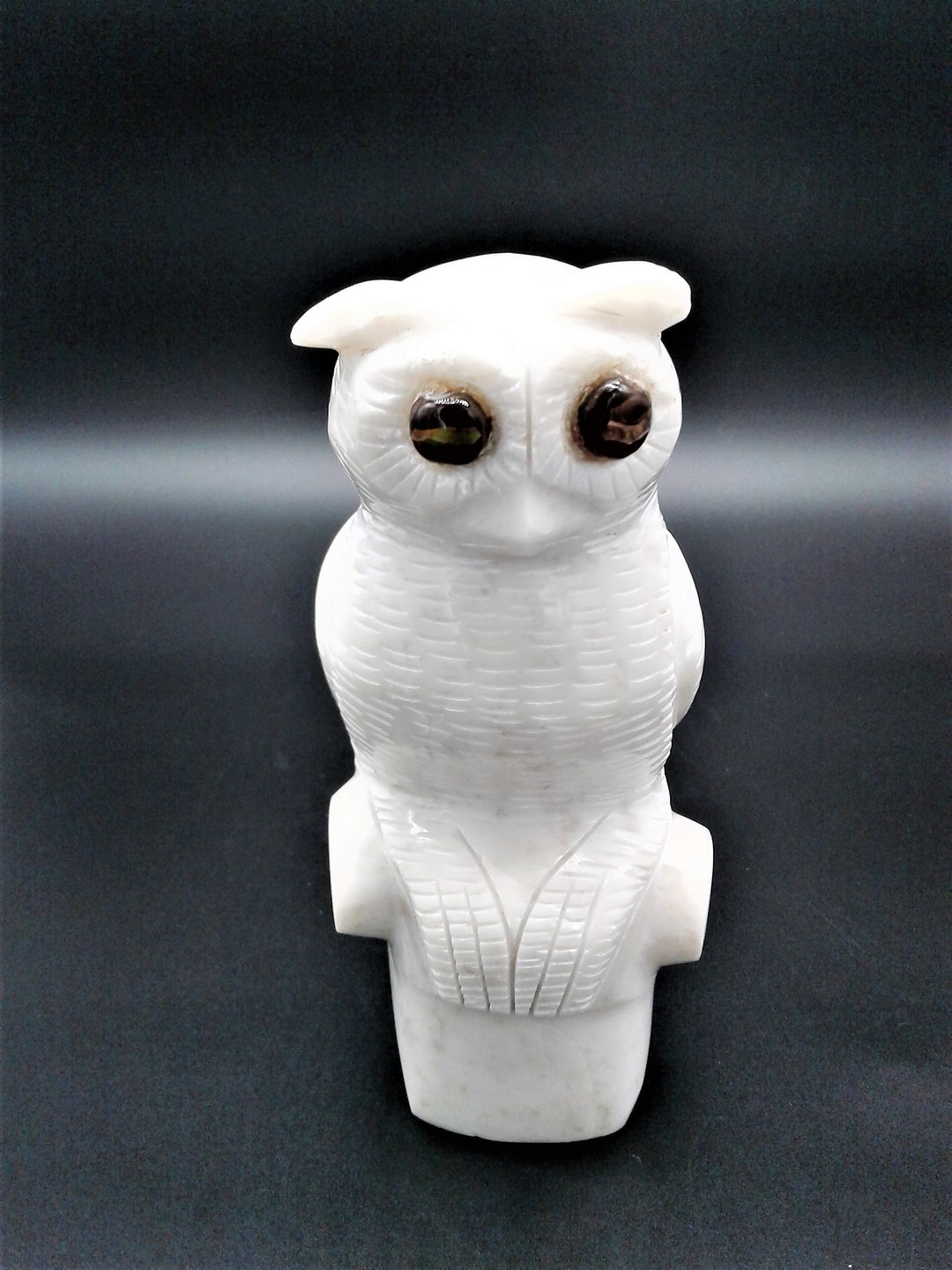 Owl Statue Hand Carved White Marble With Gem Stone Eyes, Snowy Owl