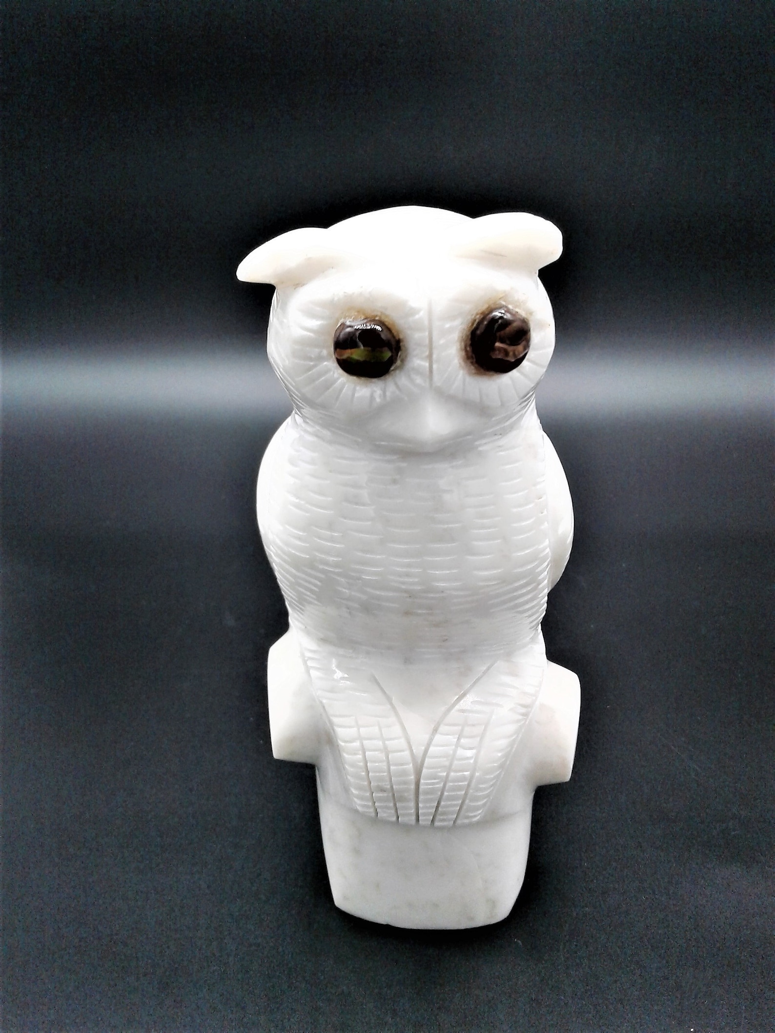 Owl Statue Hand Carved White Marble With Gem Stone Eyes Snowy Etsy