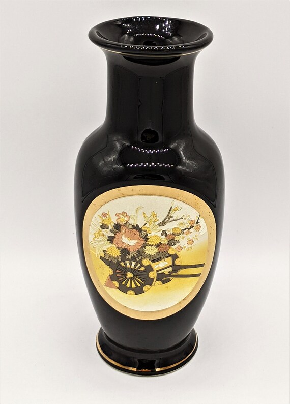 Vintage Japanese Chokin Vase, Black and 24K Gold Edged, Flower