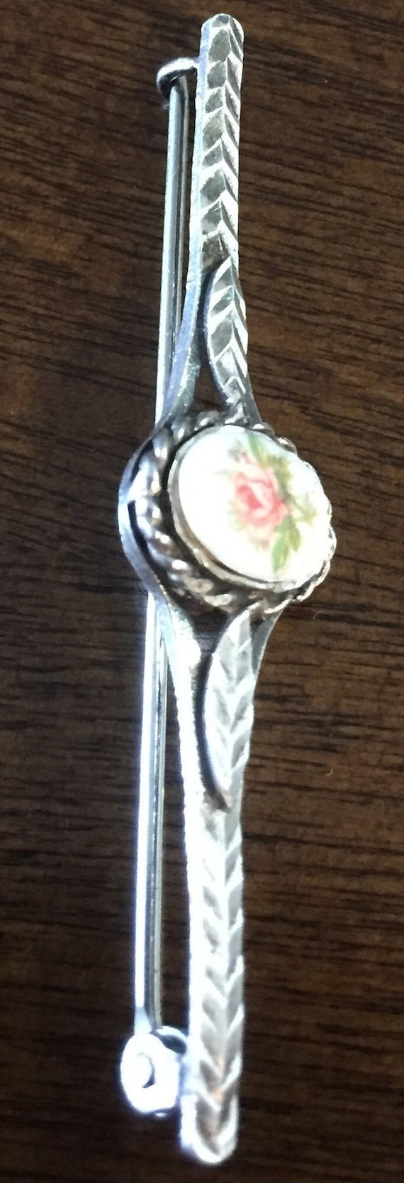 Antique 1900s silver, painted rose pin.  England.