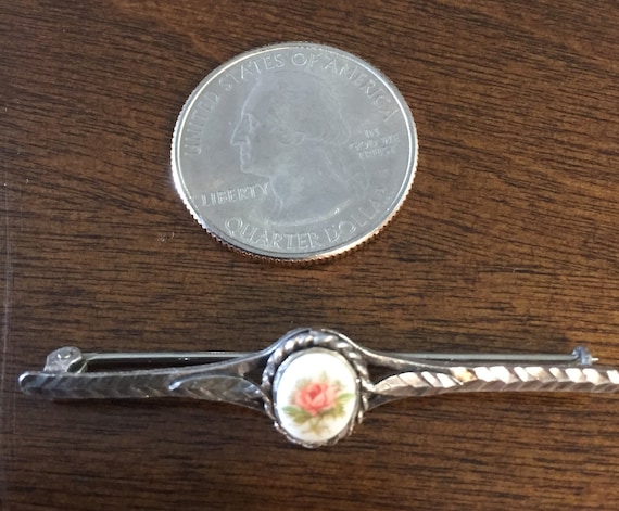 Antique 1900s silver, painted rose pin. England.