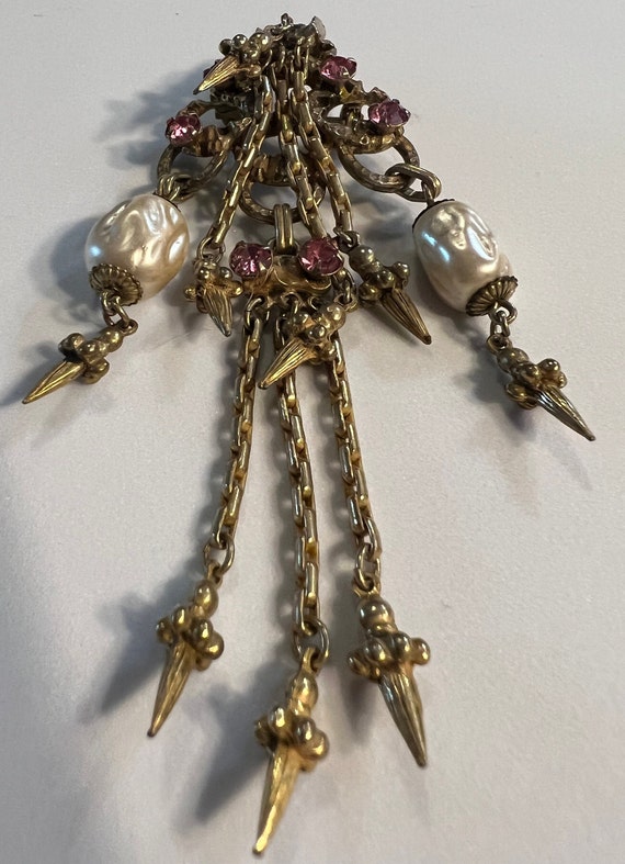 Vintage gold, rhinestone, and pearl brooch