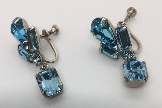 Vintage 1950 Aqua Blue Rhinestone Earrings - image 2