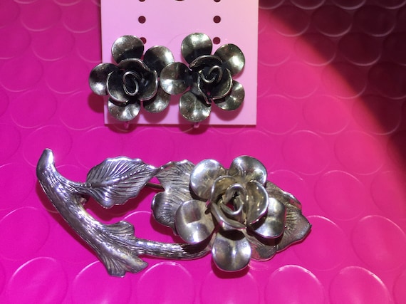 vintage, sterling silver, rose pin and earings 19… - image 1