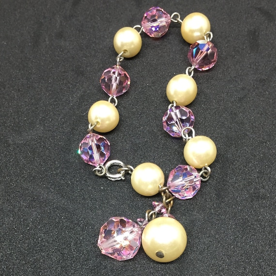 Vintage Pink Swarovski Rhinestone and Pearl Brace… - image 2