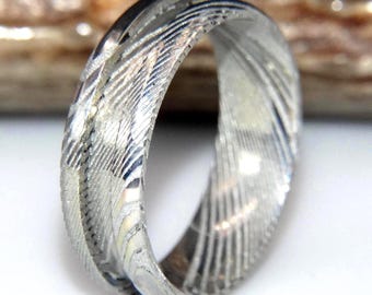 Damascus Stainless Steel Beveled Edge Ring Blank for Inlay