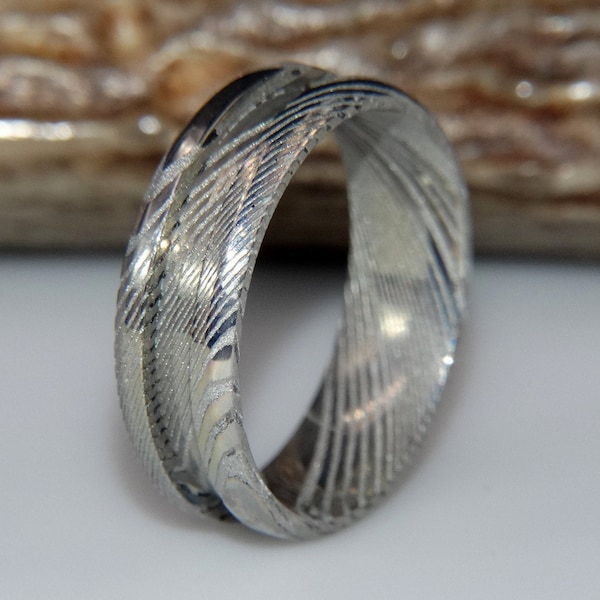 Damascus Stainless Steel Beveled Edge Ring Blank for Inlay