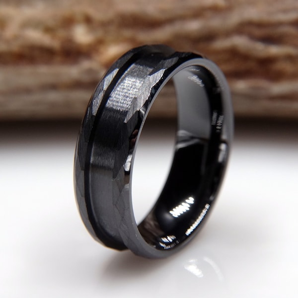 Ceramic Hammered Beveled Edge Ring Blank (Black) for Inlay