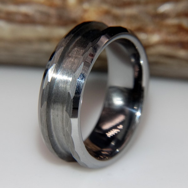 Tungsten Hammered Beveled Edge Facet Ring Blank for Inlay