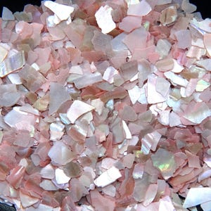 May include: A close-up of a pile of iridescent pink and white shell flakes. The flakes are of varying sizes and shapes, creating a textured surface. The overall effect is a shimmering, decorative material.