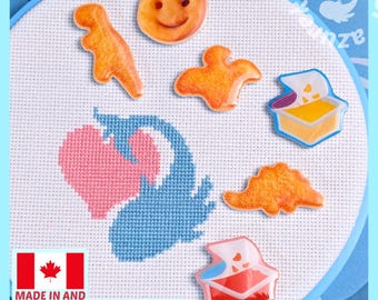 Dino Nuggets & Smile Fry Needle Minders for Cross Stitch and Embroidery