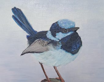Originale grazioso dipinto ad olio con uccellino blu in regalo