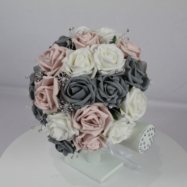 Bouquet de mariage réaliste Artificial Blush Rose, Blanc & Gris