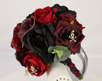 Realistic Artificial Black & Red Skull and Cross Bones wedding bouquet singles