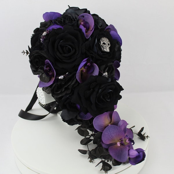 Custom Realistic Artificial Black Rose & Purple Orchid wedding singles with skulls