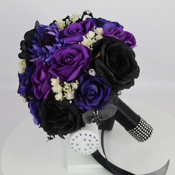 Custom Realistic Artificial Black & Purple with Ivory Gypsophila wedding singles with skulls