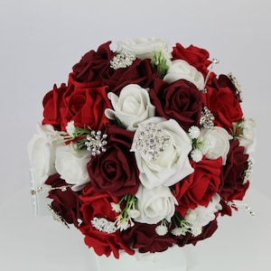 Realistic Artificial Red, Burgundy & White Silver Brooch wedding bouquet singles