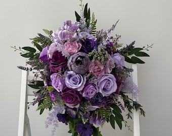 Benutzerdefinierte realistische künstliche Boho Lavendel Lila & Flieder Kaskaden Hochzeit Bouquet