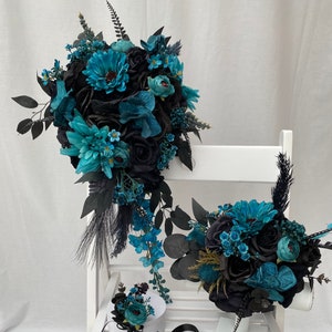 Custom Realistic Artificial Gothic Teal and Black Cascading wedding bouquet