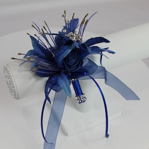 Realistic Artificial Royal Blue Nerine Lily Prom/Wedding Corsage with feathers