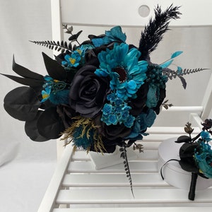 Custom Realistic Artificial Gothic Teal & Black Wedding Bouquet