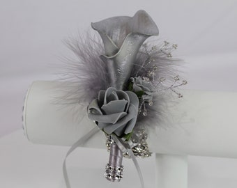 Corsage da ballo/matrimonio con giglio di Cala e rosa argentati artificiali