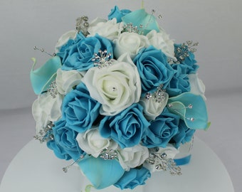 Artificial Turquoise & White wedding bouquet singles