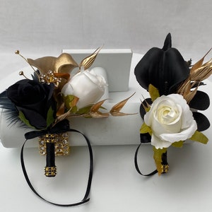 Realistic Artificial Black Gold & Ivory Prom/Wedding Corsage