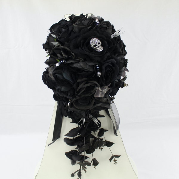 Custom Realistic Artificial Black Cascading wedding bouquet with Silver Foliage