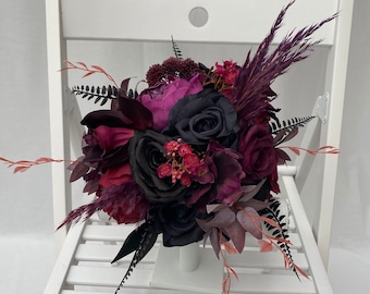 Custom Realistic Artificial Gothic Purple Burgundy & Black Wedding Bouquet