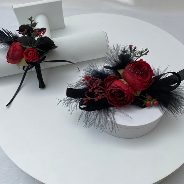 Realistic Artificial Black with Red Peony Prom / Wedding Corsage.