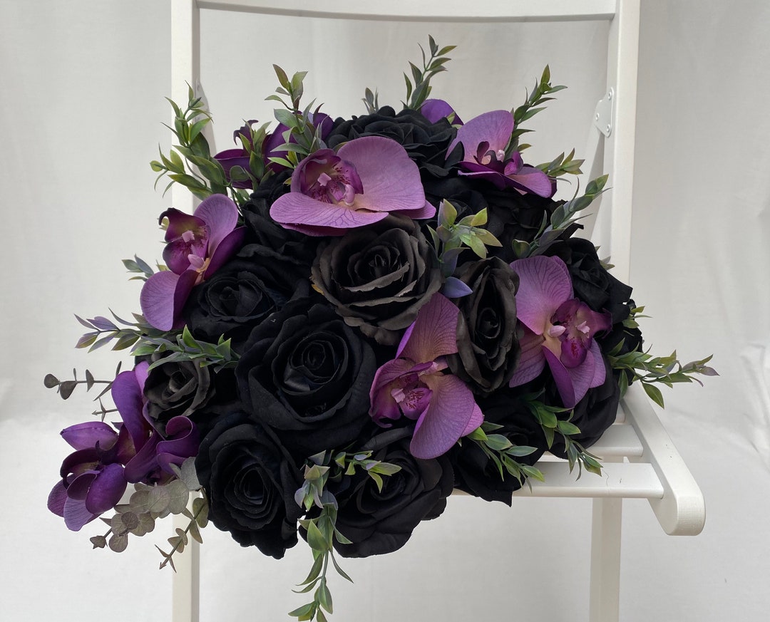 Custom Realistic Artificial Black Rose & Purple Orchid Table Display
