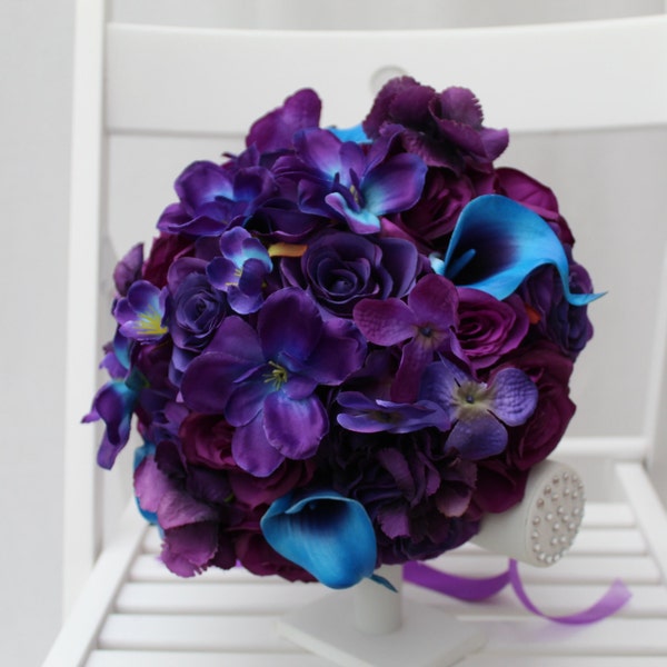 Custom Realistic Artificial Purple & Turquoise with Galaxy Orchid Bouquet wedding singles