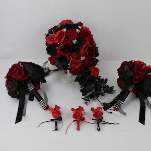 Custom Realistic Artificial Red & Black Cascading Wedding Bouquet With ...