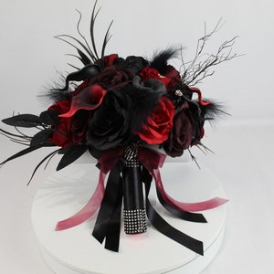 Stunning Realistic Artificial Red, Black and Burgundy Tiger Lily, Cala Lily & Rose Bouquet with skulls and feathers