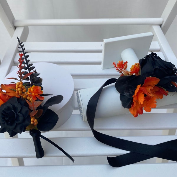 Realistic Artificial Gothic Black & Orange Prom / Wedding Corsage.