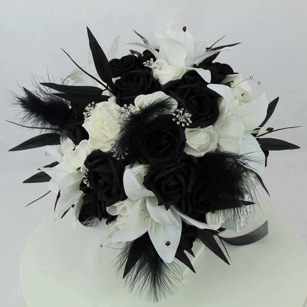 Custom Realistic Artificial Black & White wedding singles with feathers