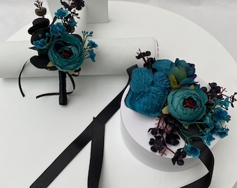 Realistic Artificial Custom Gothic Teal & Black Prom / Wedding Corsage.