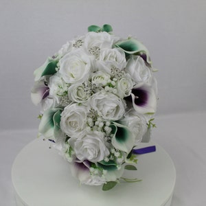 Realistic Artificial Teal, Purple & White wedding bouquet singles